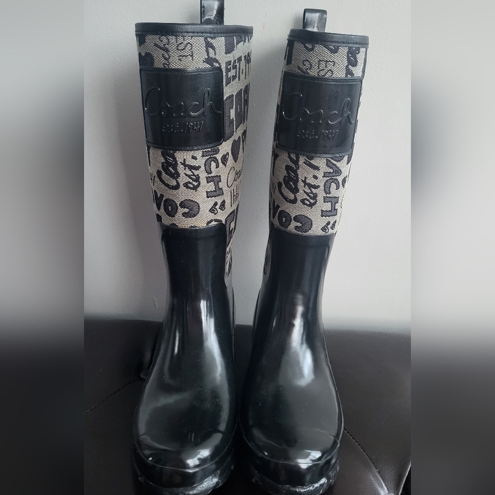 Coach POPPY WELLINGTON BLACK GRAY Rain Boots - Size 6B